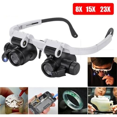 8 x 15x 23x Magnification Double Eye Loupe Head-Mounted Repair LED Magnifying Glass Microscope Lens With Lamp Glasses Tool GH950