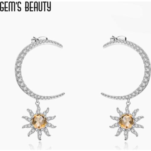 GEMS BEAUTY 925 Sterling Silver Studs Earring Moon Sun Halo Round Natural Citrine Handmade Earring For Women Romantic Gift
