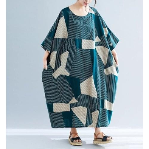 2021 Summer Striped Plus Size Long Women Dresses New Half Sleeve Casual Loose O-Neck Cotton Linen Vacation Dress Green