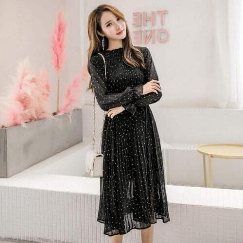 Spring Autumn Lady Long Chiffon Dress 2021 Women Long Sleeved Polka Dot Pleated Dresses Black Vintage Clothes DC848