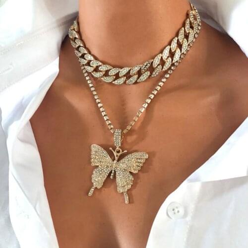 2021 New Punk Jewelry Exaggerated Multi Layer Choker Crystal Necklace Women Big Thick Chains Butterfly Pendant Necklaces Charms