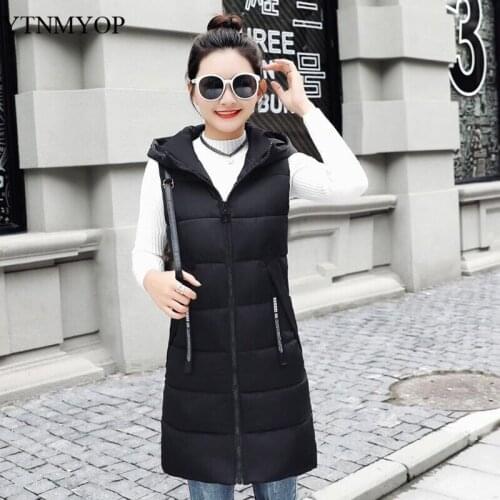 YTNMYOP Thick Warm Waistcoat Women Solid Black Hooded Long Vest Female Zipper Cotton Padded Jacket Coat Sleeveless S-3XL