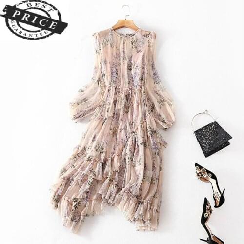 100% Natural Silk Dress Women Long Sleeve Spring Dress Floral Print Elegant Ladies Dresses Party Beach Vestidos LWL1a12