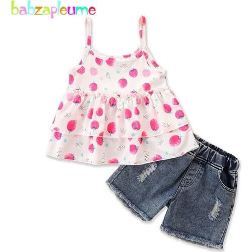 2Piece 1-6Years Summer Outfits Baby Girl Clothes Cute Print Sleeveless T-shirt+Denim Shorts Boutique Kids Clothing Set BC2041-1
