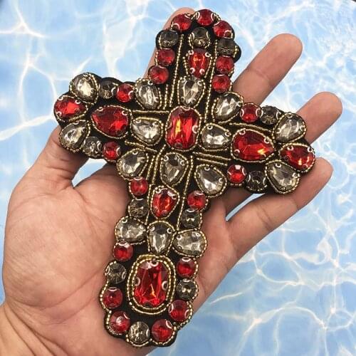Hot New DIY Craft Beaded Crystal Rhinestones Cross Design Patches Applique Sew on Clothes Bags Decorated