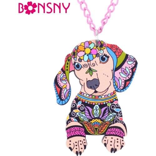 Bonsny Acrylic Necklace Cartoon Dachshund Dog Pendant Chain Collar Choker 2017 News Animal Fashion Jewelry For Women Girs