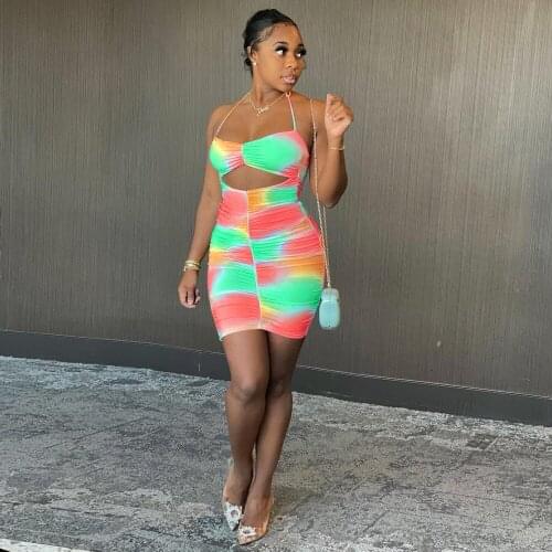 Rainbow Gradient Color Summer Sheath Dresses for Women Halter Neck Backless Party Club Dress Sexy Ladies Cut Out Ruched Vestido