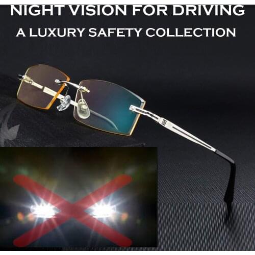 Classic Rimless Gold Frame Night Vision Glasses For Driving Anti-blu Light Anti-glare Day and Night Driving Glasses