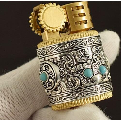 Retro Flame Metal Oil Kerosene Lighter Grinding Wheel Refillable Cigarette Tobacco Lighters Inlaid turquoise Men Fire
