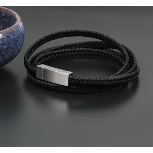 Fashion Genuine Black Leather Bracelets Men Stainless Steel Multilayer Braided Rope Bracelets for Male Female Jewelry