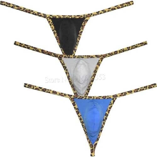 Men Pouch Ice Silk Underwear Ultra-Thin Seamless G Strings and Thongs Leopard Bordered Bikini