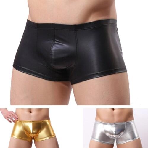 Mens sexy underwear low-waist boxer shorts imitation leather patent leather sexy U convex pouch boxer PU performance suit