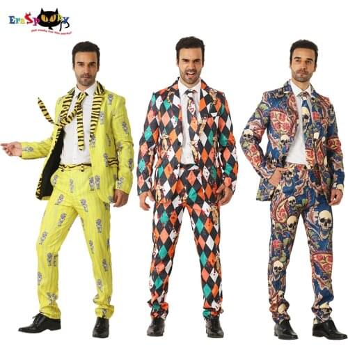 Eraspooky Mens Funny Pattern Suits Halloween Costume For Adult Men Tiger Skull Clown Jacket Pants Suits Carnival Party Outfit