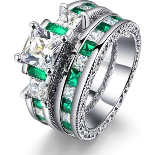 Luxury Jewlery White/Green Rhinestones Zircon Rings Set For Women Accessories Bridal Wedding Engagement Band Ring