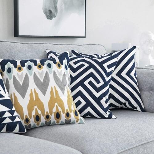 DUNXDECO Cushion Cover Decorative Pillow Case Modern Nordic Yellow Blue Geometric Cotton Thread Embroidery Sofa Chair Coussin