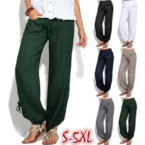 2019 womens new casual loose button decoration low waist wide leg pants plus size