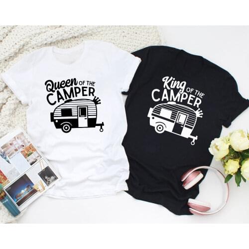 Couple Tshirt Unisex Matching Casual Women Graphic Camping Tees Tops King Of The Camper And Queen Of The Camper T-shirt