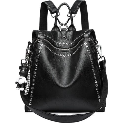 Luxury Women Genuine Leather Backpack Rivet Multifunctional Shoulder Bag Female Retro Travel Bag Teenage Girls Fashion Schoolbag