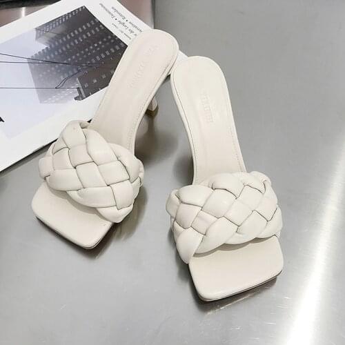 Women Slippers High Heels Summer Square Head Slides Weave Casual Sandals Female Beach Mule Flip Flops Designer Sandals