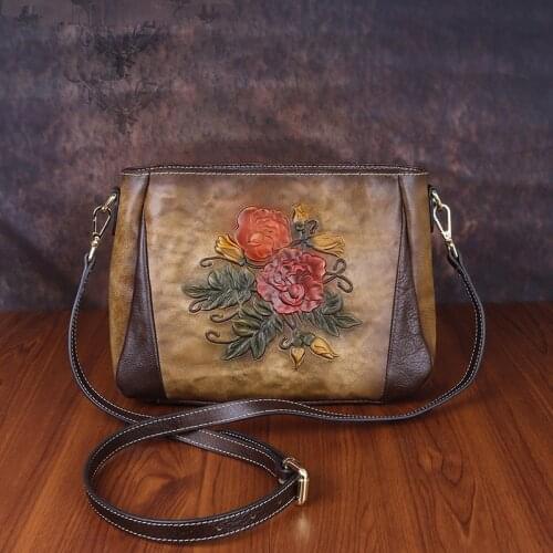 Handmade Embossing Vintage Women Crossbody Bag 2021 Spring New Genuine Leather Clutch Purse Floral Cowhide Luxury Shoulder Bags