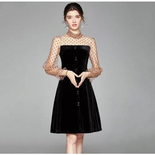 French Style Vintage Velvet Dress Lantern Sleeve Polk Dot Mesh Dress Women High Quality Fashion Mesh Dresses Rope Mujer Robe