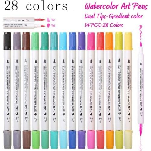 Premium 28 Colors 14Pcs Gradient Watercolor Art Marker Set Water Soluble Double Color Brush Marker Pen For Design Manga Comic