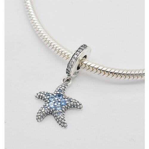 High Quality 925 Sterling Silver Blue CZ Zircon Beach Starfish Pendant Charm Bracelet DIY Jewelry Making For Original Pandora