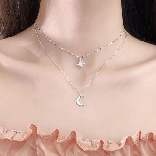 Evimi 925 Sterling Silver Charm Chain Necklace for Women New Fashion Shiny Moon Star Pendant Clavicle Chain Bride Jewelry Gift
