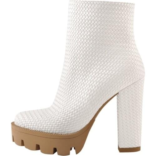 Richealmama Womens Platform PU Knitting Ankle Boots High Heel Block Chunky Round Toe Female Shoes Concise Modern Casual Office