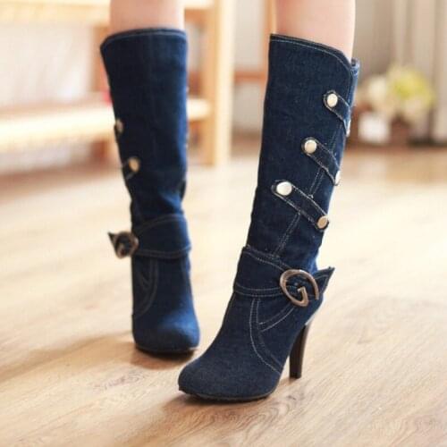 Womens Denim Pointy Toe Buckle Mid Calf Boots Slim High Heels Shoes Boots Big SZ 46 47 48