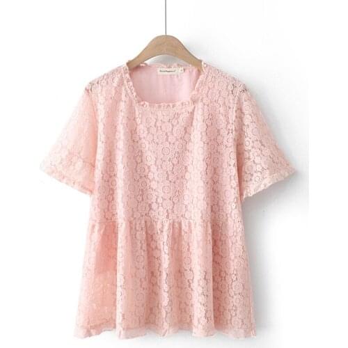 Plus Size XL-4XL Short Sleeve Lace Tops Womens Floral Embroidery Elegant Summer Tshirts Vintage Simple Shirts