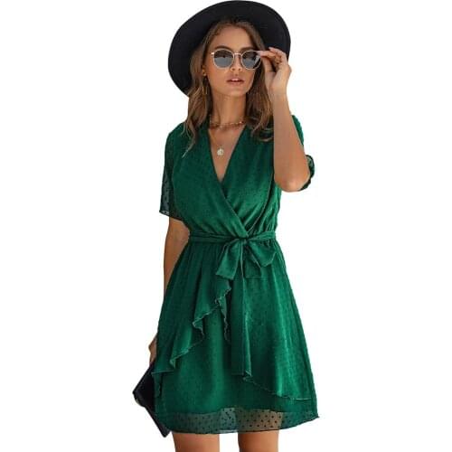 Womens V Neck Cross Belt Lace up Ruffles Irregular Dress Large Size Short Sleeve Summer Casual A Line Dresses