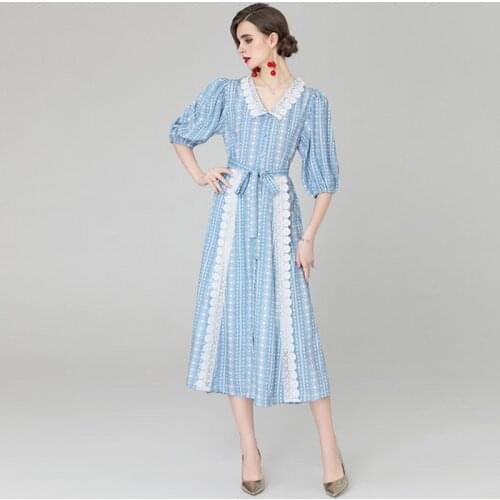 2021 summer fashion women V-neck lace contrast stitching dress lace-up puff sleeve casual dress