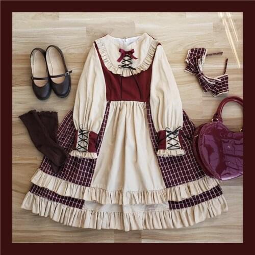 Berry Eroupean Vintage Style Womens Lolita Dress & Headband OP Long Sleeve Dress Cute Plaid Checks Patchwork Dress One Piece