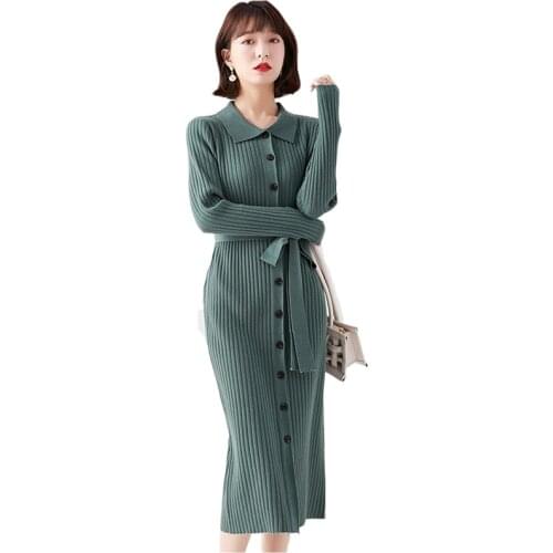 2020 Fashion Ladies Knit Dress Long Sleeve Single Breasted Vintage Womans Clothing Belt Slim long Sweaters A-Line Dresses KW224
