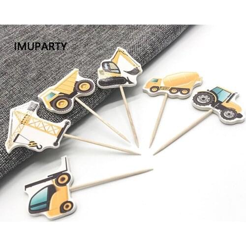 24pcs Construction Vehicle Cupcake Topper Boys Birthday Party Decorations Engineering Truck Cake Decorating Supply Baby Shower