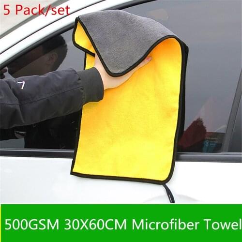 5 Pack Car Wash Microfiber Towel Car Cleaning Drying Cloth Hemming Car Care Cloth Super Absorbent Car Wash Towel 500GSM 30X60CM