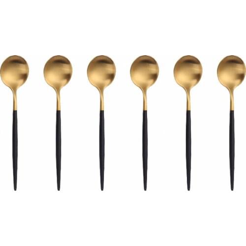 6Pcs Black Gold Stainless Steel Coffee Teaspoons Dessert Ice Cream Fruit Teaspoons Round Shape Coffee Mixing Spoons Kitchen Tool