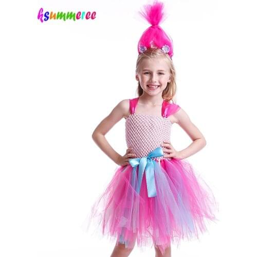 2018 New Girls Troll Poppy Tutu Dress Kids Halloween trolls Flowers Costume with Head Hoop Children Floral Princess Party Dress