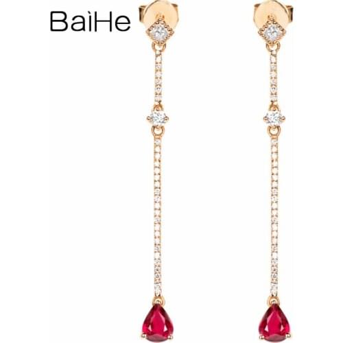 BAIHE Genuine Solid 14K Rose Gold Ruby Long Diamond Stud Earring Women Trendy Fine Jewelry серьги 2020 тренд Anniversary Wedding
