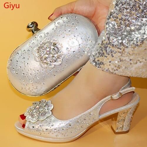 Doershow Ladies Italian Shoes and Bag Set silver color African Shoes and Matching Bags Italian Nigerian Shoes and Bag!HHM1-11