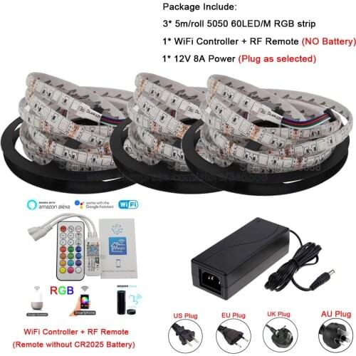12V DC 5m 10m 15m SMD 5050 RGB LED Strip Light Flexible LED Tape Sync To Music SmartPhone WiFi APP / Alexa Google Voice Control