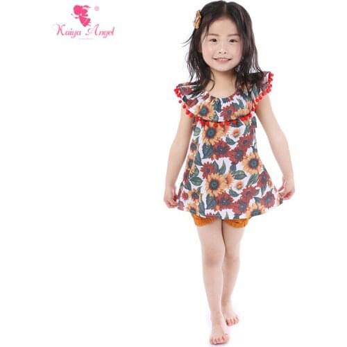 Kaiya Angel New Girl Outfits Set Summer Children Clothes Bow Printed With Flower Toddlers Sleeveless 5pcs/lot Factory Wholesale