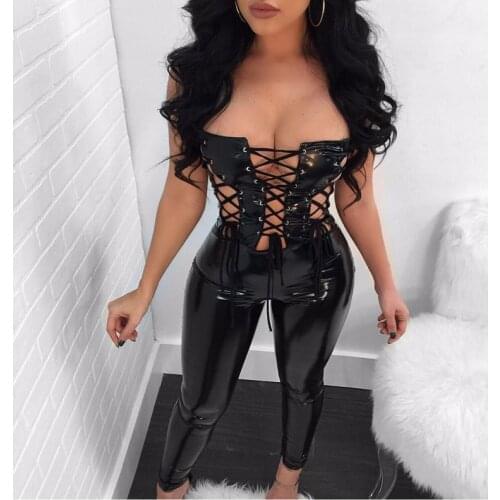Long Black Women Playsuits Jumpsuits Strapless Lace up Sexy Faux Leather Bodycon Jumpsuit Wholesale