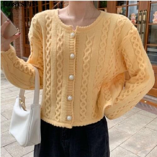 Twisted Knitted Short Cardigan Tops Women Full Sleeve O-neck Pearl Buttons Sweater Jumpers Solid Vintage Elegant Ladies Knitwear