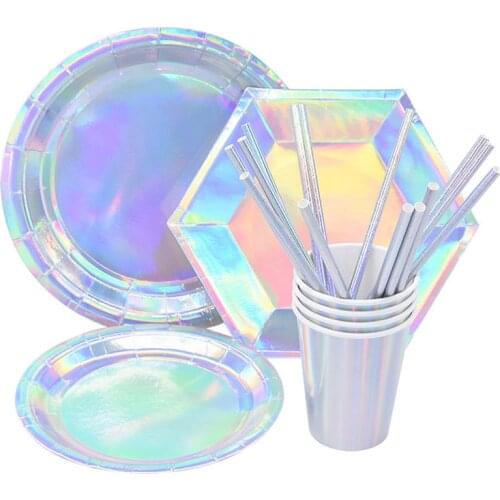 Laser Disposable Tableware Sets Silver Party Paper Cups Paper Plates Straw Party Tableware Wedding Decor Birthday Party Supplies