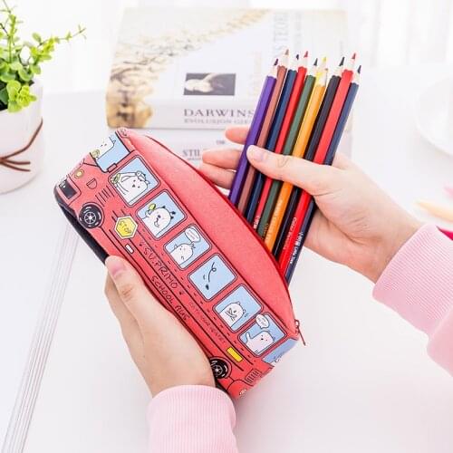 1pcs cute cartoon student stationery bag, creative cartoon bus pencil bag, car storage bag, large capacity, washable canvas