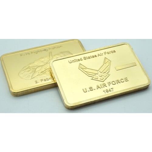 50pcs/lot 1oz F-16 US Malitary Coin 1974 American Gold Plated Challenge Bullion bar with plastic case