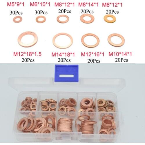 200Pcs Copper Washer Gasket Nut and Bolt Set Flat Ring Seal Assortment Kit With Box M5/M6/M8/M10/M12/M14 for Sump Plugs Water