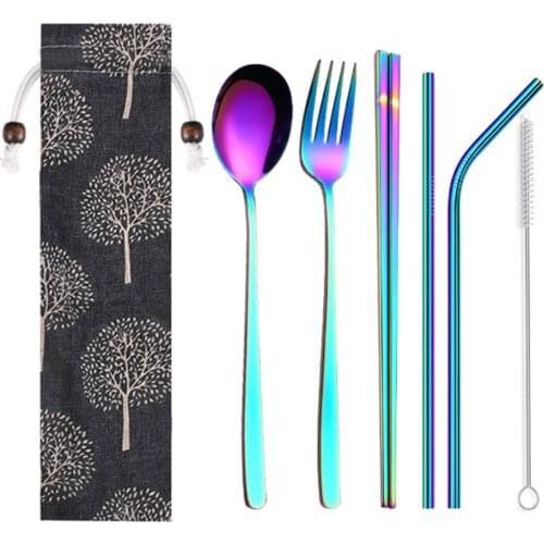5Pcs Simple Style Creative Cutlery Set Stainless Steel Unisex Portable Spoon Fork Straw Chopsticks Kit with Cloth Storage Bag
